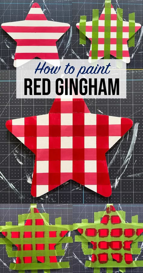 Paint Gingham Pattern, Painting Gingham Pattern, How To Paint Buffalo Plaid, How To Paint Gingham Pattern, Gingham Painting, Plaid Painting, Painting Horizontal Stripes, Star Door, Plaid Diy