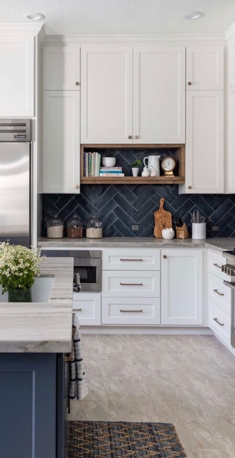 White Kitchen Cabinets With Blue Accents, White And Blue Kitchens, Blue Black Splash Kitchen, Blue Themed Kitchen, Neutral Kitchen With Blue Accents, Navy Kitchen Backsplash Ideas, Farmhouse Kitchen With Blue Accents, Navy Lower Cabinets White Upper Backsplash, Kitchen Island Pop Of Color