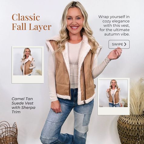 🍂 Layer up in style this season with these must-have vests & pullovers! From warm and cozy sherpa vests to your new go-to pullover, these pieces are perfect for keeping you chic and comfy. 🌰 Warm & Stylish - The Tan Camel Oversized Sherpa Vest is your layering essential for those crisp autumn days. 🤎 Edgy Cozy Vibes - Make a statement with the Black Sherpa Vest, the ultimate blend of comfort and cool. 🍁 Classic Fall Layer - Wrap up in the Camel Tan Suede Vest with sherpa trim for that effort... Sherpa Vest, Crisp Autumn, Suede Vest, Autumn Days, Fall Layers, Cozy Vibes, Tan Suede, Fall Vibes, Warm And Cozy