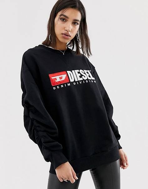 Diesel denim division logo sweatshirt with ruched sleeve detail Sweatshirts Oversized, Diesel Sweatshirt, Sports Crop Tops, Diesel Denim, Women's Hoodies, Jeans Logo, Ruched Sleeve, Half Zip Sweatshirt, Sweatshirt Outfit