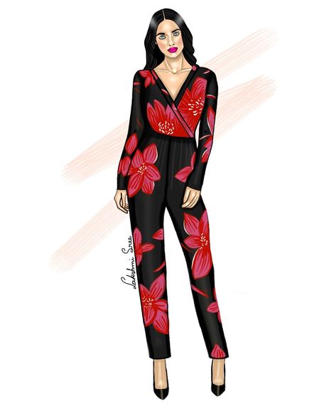 Jumpsuit Drawing Fashion Illustrations, Jumpsuit Illustration Fashion, Floral Print Illustration Fashion, Floral Print Dress Drawing, Floral Dress Drawing, Men Jumpsuit Fashion, Jumpsuit Drawing, Symmetrical Pictures, Pants Illustration