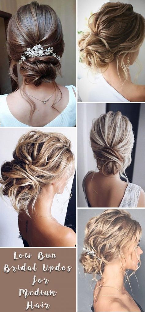 Wedding Hair For Fall Brides, Updo Low Bun Hairstyles, Low Bun Updo Medium Hair, Simple Bride Updo Hairstyles, Wedding Hairstyles Long Hair Updo, Medium Length Wedding Hair Updo, Bridesmaid Up Do Medium Hair, Low Buns For Medium Hair Wedding, Low Bun Wedding Hair Long Hair