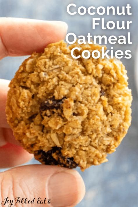 Coconut Flour Oatmeal Cookies are quick to make & delicious, low carb & gluten-free! Add in your fave mix-ins to make them special. Coconut Flour Oatmeal, Oatmeal Cookies With Coconut, Cookies With Coconut Flour, Coconut Crunch, Cookies With Coconut, Low Carb Oatmeal, Keto Oatmeal, Make Oatmeal, Coconut Flour Cookies