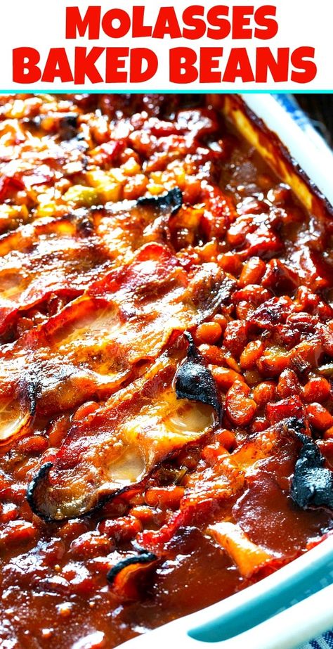 Easy Molaases Baked Beans- so much sweet and smoky flavor! Sweet Baked Beans, Beans And Weenies, Molasses Baked Beans, Ginger Wedding, Bake Beans, Picnic Potluck, Slow Cooker Baked Beans, Bacon Crisps, Slow Cooker Baking