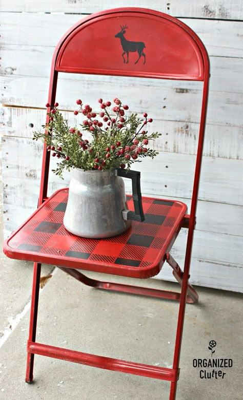 Thrifted Vintage Child's Folding Chair to Winter/Christmas Decor #stencil #oldsignstencils #vintage #chairlove #buffalocheck #rusticChristmas #upcycle Vintage Christmas Decorations Farmhouse, Christmas Upcycle, Christmas Decorations Farmhouse, Winter Christmas Decor, Metal Folding Chairs, Christmas Chair, Farmhouse Chairs, Thrift Store Crafts, Chair Makeover