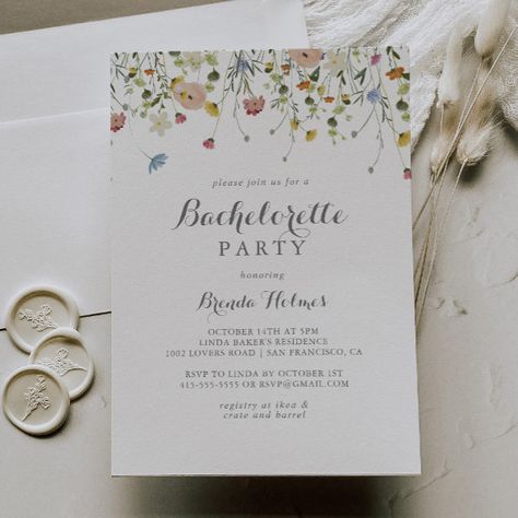 Colorful Dainty Wild Flowers Bachelorette Party Invitation Yellow Bachelorette, Purple Bachelorette, Elegant Bachelorette Party, Purple Bachelorette Party, Watercolor Beautiful, Pink Bachelorette, Bachelorette Party Invitation, Colorful Invitations, Fancy Script