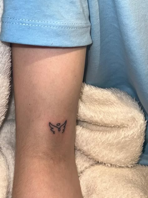 Angel Stick And Poke, Small Stuck And Poke Tattoos, Stick And Poke Hip Tattoo, Ankle Stick And Poke Tattoo, Stick And Poke Tattoo Ideas Meaningful, Thigh Stick And Poke, Little Stick And Poke Tattoos, Matching Stick And Poke Tattoo, Cute Stick And Poke Tattoo