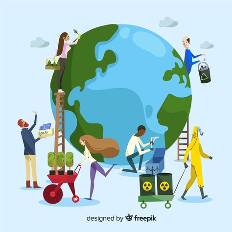 Ecology concept. group of people taking care of the planet, saving the earth Vector | Free Download Environment Day Illustration, Earth Vector, 가족 일러스트, Day Earth, Earth Poster, Arbor Day, Save Our Earth, Planet Design, Day Illustration