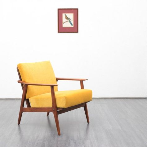 Velvet-Point - armchairs / easy chairs 1960s teak armchair, Scandinavian style, reupholstered - Karlsruhe Yellow Chair Living Room, Yellow Sofas, Chairs Unique, Yellow Chairs, Yellow Accent Chairs, Yellow Armchair, Bedroom Scandinavian, Antique Dining Chairs, Patterned Armchair