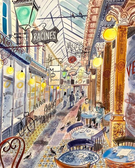 Whimsical Architecture Drawing, Emily Sutton Illustration, Building Sketches, Emily Sutton, Shoe Diva, Observational Drawing, Outdoor Cafe, 수채화 그림, Paris Art