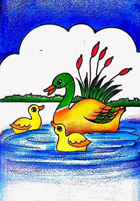 Duck Scenery Drawing, Water Easy Drawing, Baby Duck Drawing, Didactic Games, Intermediate Drawing, Holi Drawing, Easy Drawing For Beginners, Pond Drawing, Duck In Water