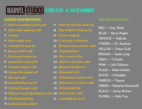 Marvel (MCU) scenarios #Avengers #Marvel add tags :) Marvel Scenarios, Sign Games, Marvel Games, Name Generator, Steve Rogers, First Kiss, Marvel Memes, Marvel Studios, Marvel Cinematic Universe