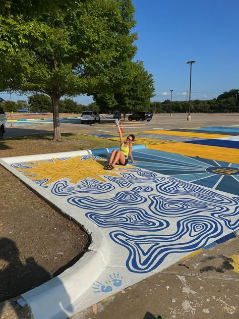 Artsy Senior Parking Spot, Blue And White Parking Spot, Mama Mia Parking Spot Painting, Colorful Senior Parking Spots, Senior Parking Spaces Spiderman, Boho Senior Parking Spot, Parking Spot Painting Junior Year, Unique Parking Spot Ideas, Senior Parking Spit Ideas