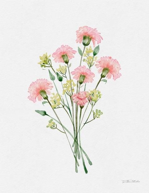 Flower Wall Art Prints, Pink Carnation Painting, Delicate Flower Painting, Carnation Painting Easy, Mothers Day Digital Art, Carnation Flower Art, Carnation Watercolor Painting, Painted Pink Flowers, Pink Flower Paintings