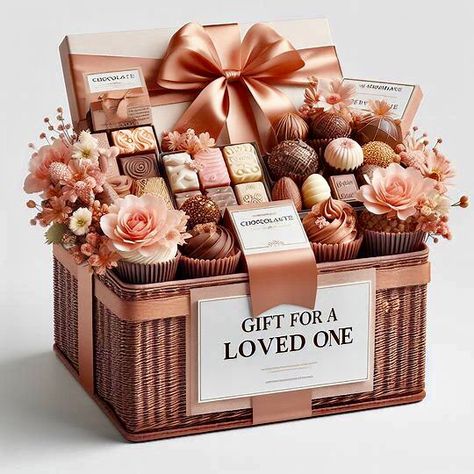 Luxury Gift Basket Ideas, Chocolate Hamper Basket, Flower Hamper, Luxury Gift Basket, Chocolate Flowers Bouquet, Chocolate Basket, Sweet Hampers, Housewarming Gift Baskets