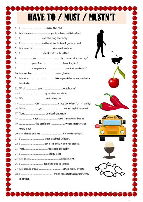 Must And Have To Worksheet, Model Verbs Worksheet, Must And Mustn't Worksheet, English Excercise, Adult Worksheets, Modal Verbs, English Language Test, Esl Teaching Resources, English Exam