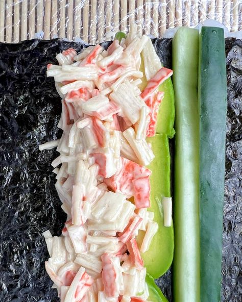 Crab Salad for Sushi - Crafty Cookbook Fake Crab Salad Recipe, Crab Salad For Sushi, Sushi Crab Salad, Crab Salad Recipe Sushi, Crab Meat Salad Recipe, Crab Sushi, Japanese Mayo, Sushi Ingredients, Sushi Recipes Homemade