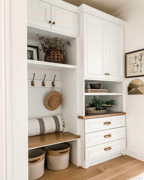 Mudroom With Pantry Storage, Drop Zone With Shoe Storage, Mudroom Into Kitchen, Kitchen With Mudroom, Kitchen Mudroom Combo, Drop Zone Ideas Mud Rooms, Laundry Room Mudroom Combo, Small Drop Zone Ideas, Mud Room Drop Zone