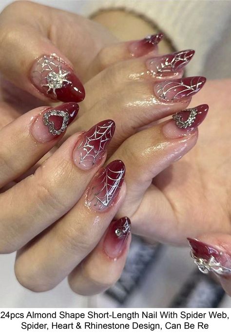 Free Returns ✓ Free Shipping✓. 24pcs Almond Shape Short-Length Nail With Spider Web, Spider, Heart & Rhinestone Design, Can Be Reused, Suitable For Daily And Festival Wearing- Press On Nails at SHEIN. Chrome Spider Nails, Spider Themed Nails, Heart Spider Web Nails, Red Spider Nails, Spider Heart, Spider Nails, Lily Nails, Almond Nail Art, Web Spider