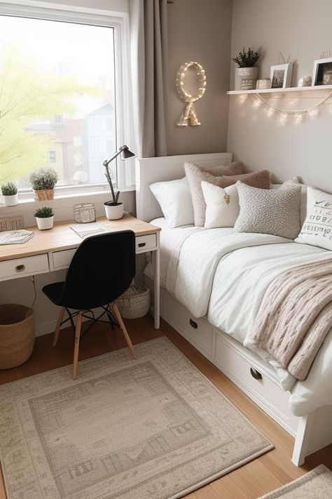 Teenage Desk Ideas, Decorating Small Bedrooms, Decorate A Small Bedroom, Fall Bedroom Ideas, Small Room Makeover, Bedroom Ideas For Small Rooms Cozy, Cozy Fall Bedroom, White Room Decor, Small Bedrooms