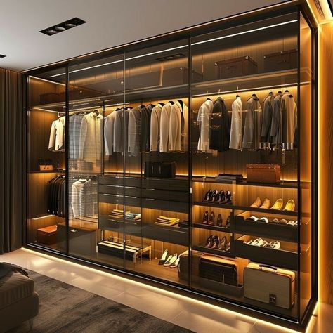 Inside A Wardrobe, Glass Closet Designs, Luxury Walk In Wardrobe Design, Luxury Walking Closet Design, Wardrobe With Lights Inside, Glass Walk In Wardrobe, Walk In Wardrobe Design Bedroom, Glass Wardrobe Design Bedroom, Inside Wardrobe Ideas