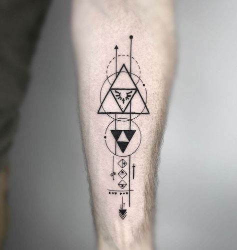 Zelda Geometric Tattoo, Triforce Tattoo Ideas, Zelda Triforce Tattoo Ideas, Legend Of Zelda Minimalist Tattoo, Gaming Patchwork Tattoos, Nintendo Tattoo Design, Simple Triforce Tattoo, Zelda Arm Tattoo, Zelda Oot Tattoo