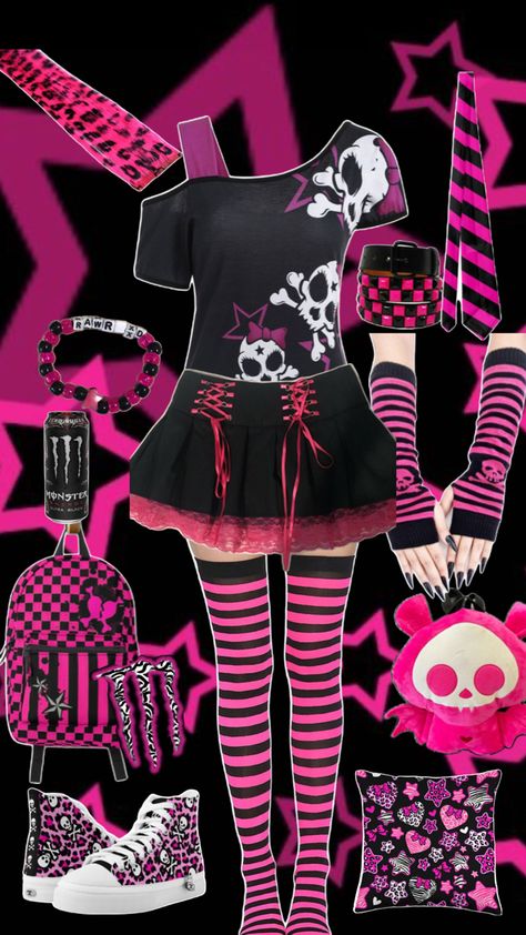 29649 Hot Pink Emo Outfit, Hot Pink Scene Outfit, Scene Outfit Inspo Masc, Subtle Scene Outfits, Scene Pink Outfit, Scene Inspo Outfit, Colorful Emo Outfits, Scene Pjs, Scene Girls Outfits