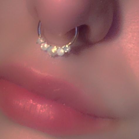 Septum Piercing Aesthetic, Body Peircings, Cute Septum Rings, Piercing Aesthetic, Septum Nose Piercing, Peach Lip Gloss, Septum Piercing Jewelry, Piercing Ideas, Grunge Girl