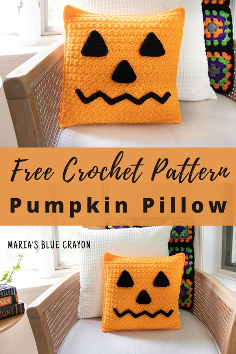 Crochet Fall Pillow, Crochet Halloween Pillow, Pumpkin Pillow Pattern, Crochet Pumpkin Pillow, Pillow Pattern Crochet, Pumpkin Patterns Free, Crochet Pour Halloween, Blue Crayon, Pumpkin Pillow