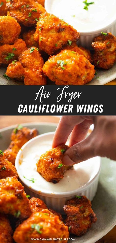 collage of buffalo cauliflower and dip images Air Fryer Cauliflower Wings, Air Fried Cauliflower, Air Fryer Vegan, Tempura Cauliflower, Veg Crispy, Vegan Cauliflower Wings, Air Fryer Cauliflower, Buffalo Cauliflower Wings, Buffalo Cauliflower Recipes