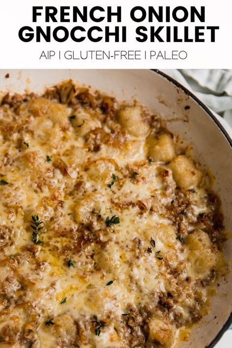 French Onion Gnocchi Skillet {Gluten-free} - Unbound Wellness French Onion Gnocchi, Gluten Free Gnocchi Recipes, Gluten Free Gnocchi, Unbound Wellness, How To Cook Gnocchi, Meatless Recipes, Dairy Free Cheese, Paleo Meals, Gnocchi Recipes