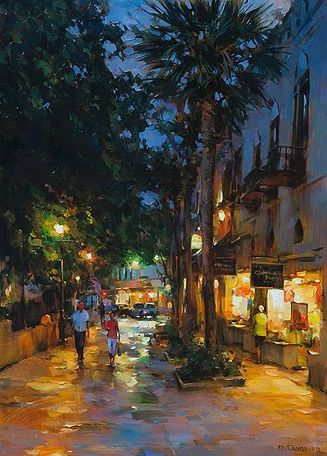 Evening in St. Augustine Dmitri Danish, Cityscape Paintings, Cityscape Art, Simple Acrylic Paintings, Cityscape Painting, City Landscape, Impressionist Art, St Augustine, Street Scenes