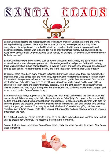 Santa Claus Reading & Listening Exercise - English ESL Worksheets History Of Santa Claus, Santa Claus Story, Esl Reading, Funny Test, English Christmas, Classroom Anchor Charts, Christmas Reading, Christmas Worksheets, Christmas Activities For Kids