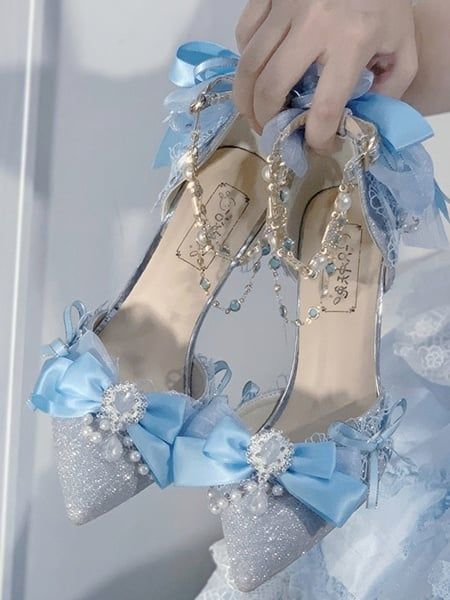 Cute Heels For Prom, Blue And White Heels, Quince Cinderella, Island Proposal, Quinceanera Heels, Quince Heels, Ethereal Clothing, Wedding Heels For Bride, Proposal Beach