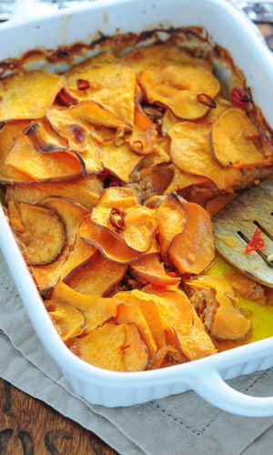 Adzuki Bean Recipe, Sweet Potato Bake, Panini Recipes Chicken, Potato Gratin Recipe, Sweet Potato Gratin, Sweet Potato Recipes Baked, Sweet Potato Slices, Adzuki Beans, Potato Bake