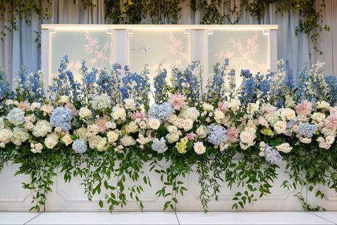 Fairhope wedding chinoiserie stage floral stage southern wedding Chinoiserie Wedding Backdrop, Chinoiserie Backdrop, Stage Facade, Chinoiserie Wedding, Blue Wedding Decorations, Reception Backdrop, Floral Installation, Stage Backdrop, Wedding Stage