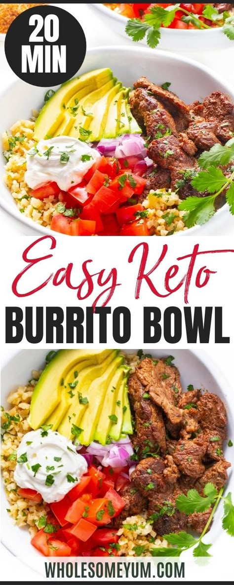 Low Carb Rice Bowls, Burrito Bowl Recipe Healthy, Low Carb Bowls, Keto Burrito Bowl, Steak Burrito Bowl Recipe, Mexican Bowl Recipe, Gd Recipes, Keto Burrito, Keto Bowls