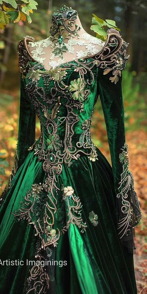 Extravagant Gowns Couture, Green Masquerade Outfit, Fey Fashion, Mideval Dress, Twilight Outfits, Historical Clothes, Green Clothing, Vestidos Retro, Senior Prom Dresses