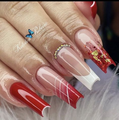 Red And White Marble Nails, December Fits, Nail Square, Gel Nails French, Graduation Nails, Red Acrylic Nails, Stylish Nails Designs, White Acrylic Nails, Girly Acrylic Nails