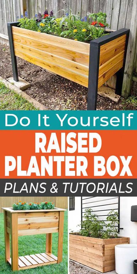 DIY Raised Planter Box Plans & Tutorials for Convenient Container Gardening • The Garden Glove Raised Planter Box Plans, Raised Planter Boxes Plans, Raised Wooden Planters, Wooden Flower Boxes, Raised Planters, Planter Box Plans, Diy Garden Patio, Raised Planter Boxes, Concrete Patios