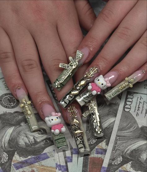 this money set😍😍😍 . . . . . . . #moneynails #greennails #xx/nails #2x/nails #goldnails #hellokitty #hellokittynails #cutenails #nails #nailsnailsnails #nailinspo #hesperia #victorvillenails #hesperianails #nailtech #hd #ie #nailtechnearme Money Nails Designs Pink, Money Design Nails, Nails With Money Design, Money Nail Set, Money Nails Designs, Big Hello Kitty Charm Nails, Money Nails, Fake Nails Designs, Hello Kitty Nails