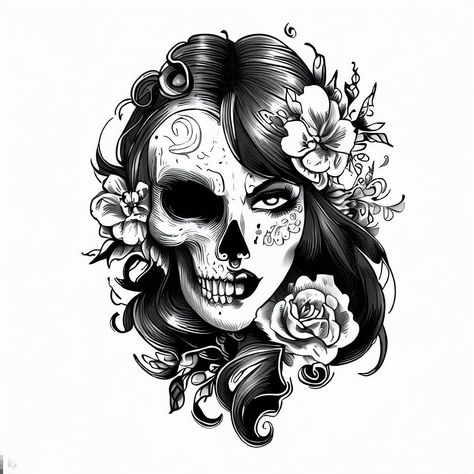 Half Women Half Skull Tattoo, Half Skull Half Woman Face Tattoo, Half Skull Tattoo Design, Skull Women Tattoo, Skull Tattoo Design Women, Half Skull Half Flower Tattoo, Women Skull Tattoo Ideas, Half Face Half Skull Tattoo, Half Skull Half Face Drawing