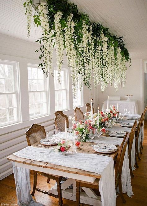 White Wisteria Hanging #wedding #luxury #weddingplanner #luxurywedding White Wisteria, Greenery Garland, Hanging Garland, Hanging Flowers, Long Table, Garland Wedding, Deco Floral, Wedding Table Centerpieces, Flower Garlands