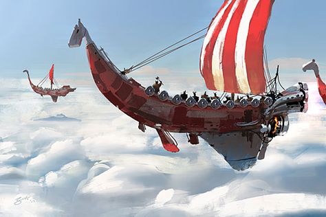 Modern Vikings Goro Fujita, Airship Art, Ian Mcque, Modern Viking, Viking Ships, Flying Ship, Steampunk Airship, Flying Boat, Viking Ship