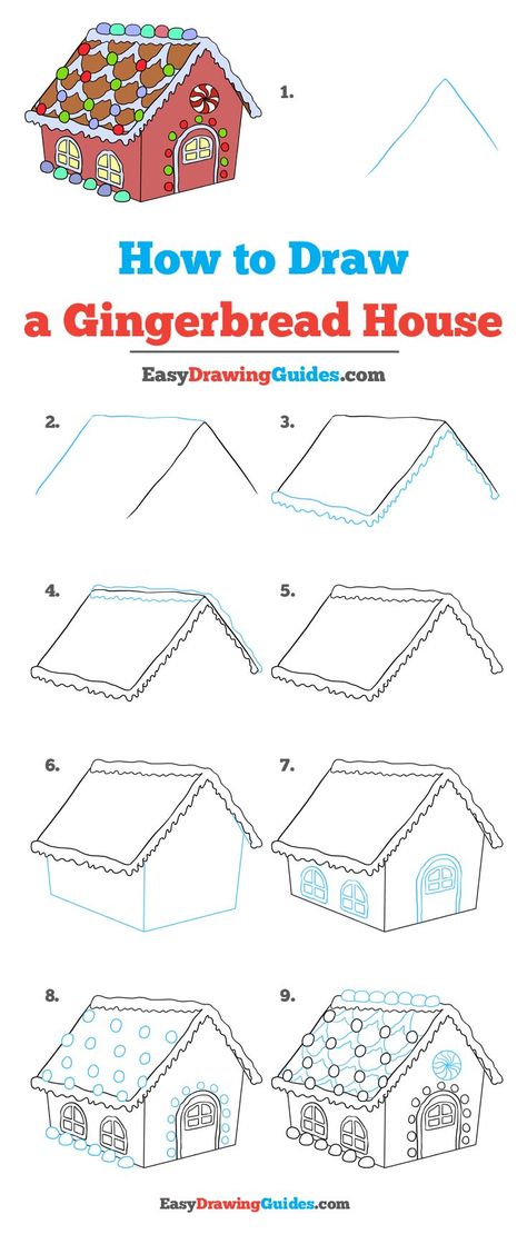 Learn How to Draw a Gingerbread House: Easy Step-by-Step Drawing Tutorial for Kids and Beginners. #GingerbreadHouse #Christmas #drawingtutorial #easydrawing. See the full tutorial at https://easydrawingguides.com/how-to-draw-a-gingerbread-house/. Ginger Bread House Drawing, Draw A Gingerbread House, Gingerbread House Drawing, Easy Gingerbread House, Trin For Trin Tegning, Simple House Drawing, House Drawing For Kids, Easy Christmas Drawings, Easy Drawing Guides