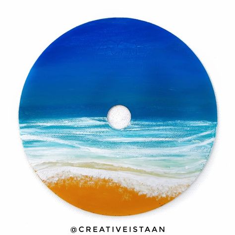 Painting On Cd, Record Painting Ideas, Painted Vinyl Records, Beachy Room Decor, Cd Painting, Record Painting, Cd Cover Design, Circle Canvas, Beachy Room