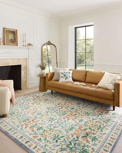 Amazon.com: Loloi Rifle Paper Co. x Eden Mughal Garden Cream 2'-3" x 3'-9" Accent Rug : Home & Kitchen Area Rugs In Living Room With Green Sofa, Rug Green Couch, Living Room Rug Green, Fall Apartment, Mughal Garden, Living Area Decor, Fall Apartment Decor, Vintage Style Rugs, Indian Living Rooms