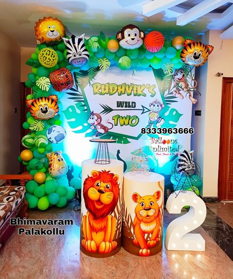 Home Decorations to Grand Events Reach us 8333963666 Jungle Theme Birthday Decoration, Birthday Decoration Ideas At Home, Theme Birthday Decoration, Birthday Decors, Jungle Theme Cakes, Birthday Decoration Ideas, Bday Decor, Simple Stage Decorations, Jungle Theme Birthday