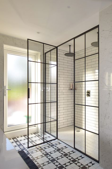 Black Grid Shower Screens. Made To Measure Shower Doors for baths Grid Shower Door, Shower Door Seal, Sliding Shower Screens, Black Shower Doors, Shower Screens, Shower Glass, Glass Shower Enclosures, Small Bathroom Makeover, Sliding Shower Door