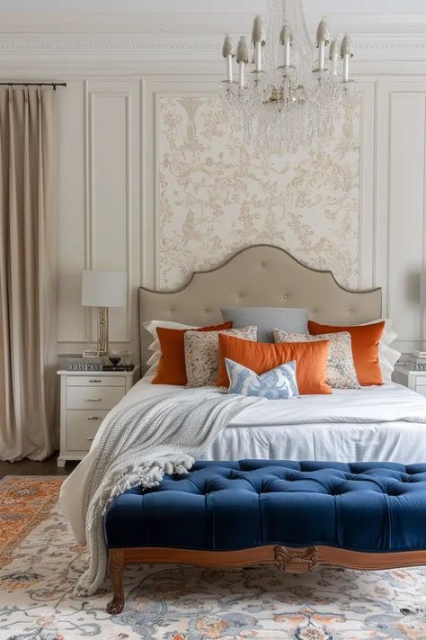 24 Orange and Blue Bedroom Ideas For a Bold Look Navy And Burnt Orange Bedroom, Orange And Blue Bedroom, Orange Headboard, Feminine Bedrooms, Burnt Orange Bedroom, Two Tone Walls, Blue Bedroom Ideas, Orange Bedroom, Orange Bedding